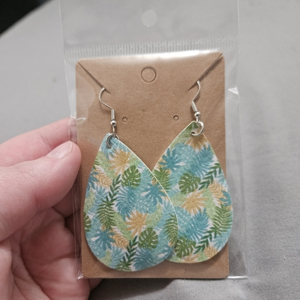 Multicolor Tropical Flower Faux Leather Drop Double Sided Earrings!